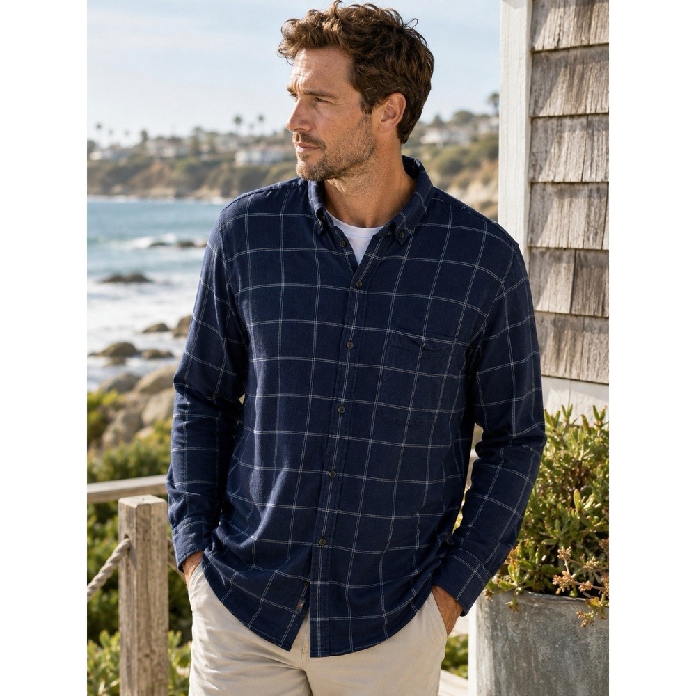 Faherty Windowpane Button Up Shirt Men's XXL Blue Navy Soft Stretch Flannel‎